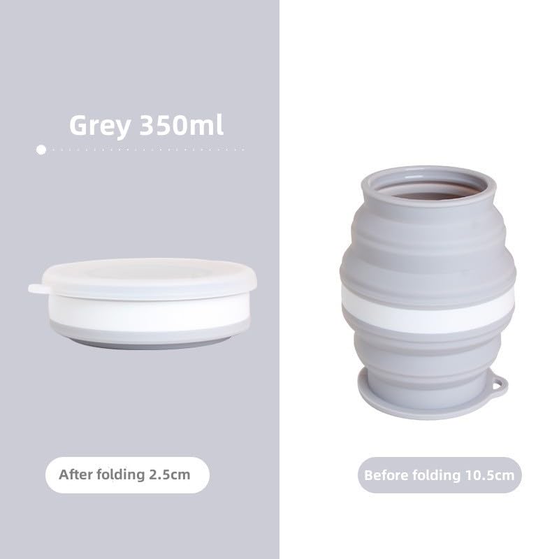 ENJHIKE Portable Silicone Foldable Cup With Lanyard Heat Resistant Collapsible Cups Lid Folding Storage Travel Mug For Hot Water (Grey, 350ML)