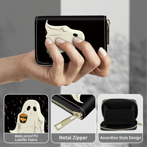 Image of Cute Credit Card Holder with Zipper, Coffee Ghosts RFID-Blocking Card Case Small Wallet for Women Men, Multi-slot Card Organizer Case Travel Accordion Wallet