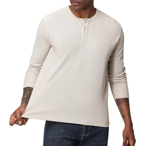 Men's Henley Shirts Long Sleeve Waffle Casual Pullover T-Shirts Basic Textured Button Lightweight Shirts Top Black S3