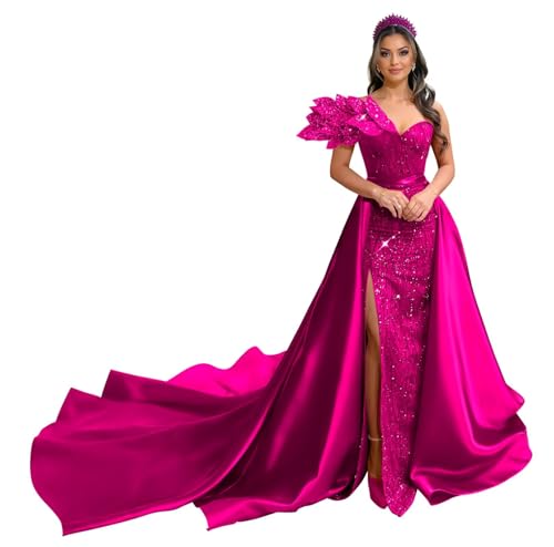 Sequins Leaf Off Shoulder Ball Gowns Satin Prom Dresses for Women Formal Sweetheart Mermaid Evening Dress Slit