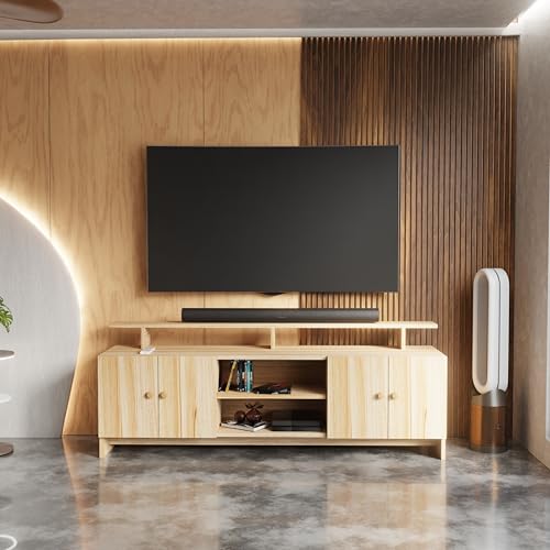Image of Modern TV Unit for Living Room | Wooden TV Cabinet with Open Shelf & Storage | Entertainment Unit | Assembly-DIY | Color-Asian Light