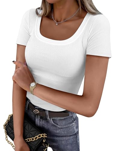Zeagoo T-Shirt pour Femme éLéGant Basique Manches Courtes Col en U Haut Court Coupe Slim DéContracté Couleur Unie Extensible Tunique Blanc. S