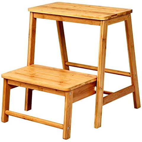 GYMAX 2-Tier Foldable Step Stool, Bamboo Footstool Plants Shelf, Portable Wooden Step Ladder for Kitchen, Balcony & Garage (Natural) Cover