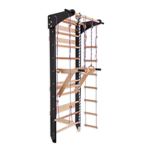 Escalera Sueca Negra con Barras Paralelas para Niños y Adultos – Muro de Escalada de Madera, Equipo de Entrenamiento Multifuncional con Medidor de Altura, Anillas, Cuerda, Columpio y Barras de Dips