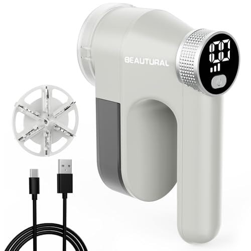 BEAUTURAL Fabric Shaver, Rechargeable Lint Remover, Electric Portable Sweater Defuzzer with 3 Speeds, 6 Leaf Blades, Digital LED Display, Remove Pilling for Clothes, Furniture, Sweater, Couch, Blanket