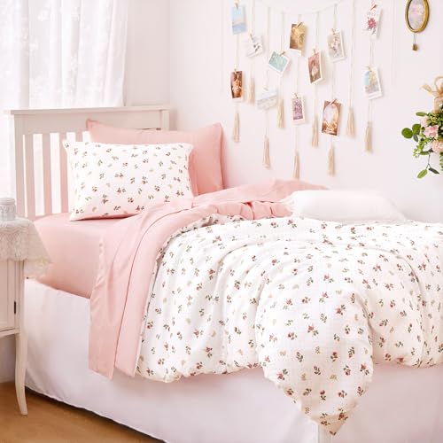 Image of Wake In Cloud - Floral Comforter Set, Coquette Cottagecore Aesthetic Cute Flower Rose Pattern for Women Teen Girls, Soft Lightweight Dorm Bedding, 3 Pieces, Pink, Twin /Twin XL Size