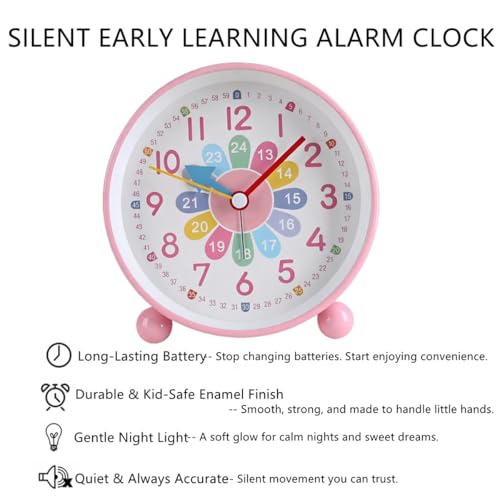 Learning Clock for Kids, Colorful Silent Educational Teaching Clock with Minute/Hour Labels/24-Hour, Non-Ticking Desktop Alarm Clock with Night Light, Gifts for Children Learn to Tell Time (Pink) - Image 6