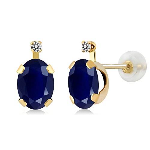 Gem Stone King 14K Yellow Gold Blue Sapphire and White Diamond Earrings For Women (2.05 Cttw, Gemstone September Birthstone, Oval 7X5MM)