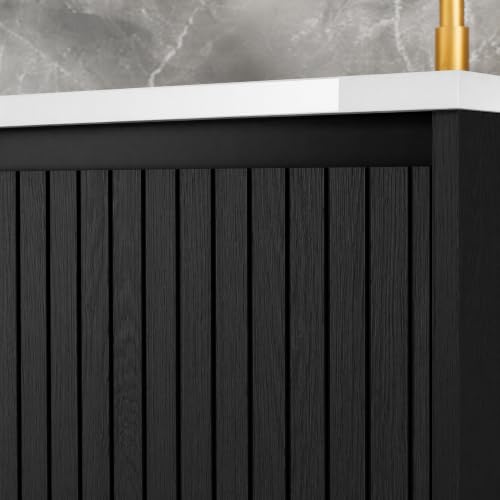Image of 30 Inch Floating Bathroom Vanity with Ceramic Sink, Modern Striped Wall Mount Vanity Cabinet with Compartmentalized Storage Drawer, Black