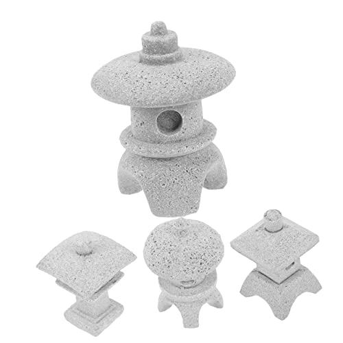 Outanaya 4pcs Mini Pagoda Statue Sandstone Pagoda Ornaments Miniature Garden Decor Zen Style Lantern Sculpture
