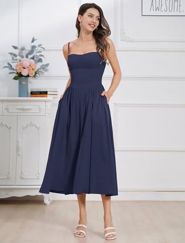 Image of ABEHIK Women Floral Corset Dress Boho Spaghetti Strap Lace Up Casual Midi Dresses with Pockets Low Cut Flowy Bustier Sundress