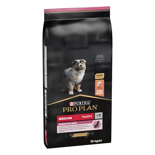 Purina Pro Plan Sensitive Skin Puppy Medium, Pienso para Perro Mediano, Cachorro, Junior, Bebé, Derma, Piel y Pelaje, comida seca con Salmón, 1 saco de 12kg