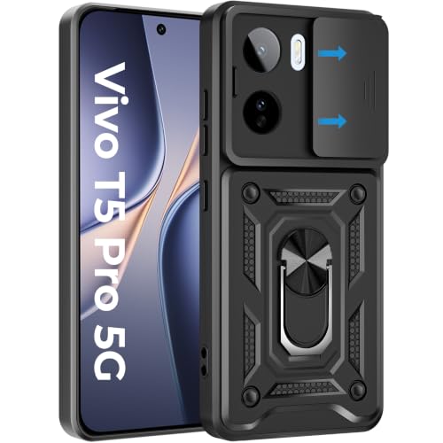 Image of A rtistque Armor Bumper Back Cover Case for Vivo T5 Pro 5G | Ring Holder Stand | Sliding Camera Protection | Shockproof Heavy Duty Design | Vivo T5 Pro Back Cover - Black