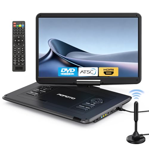 POFOTO 17.5' Portable TV/DVD Player with 15.6' HD Swivel Screen, Built-in ATSC Tuner & FM, Rechargeable Battery, Supports HDMI in/USB/Micro SD/AV Out, Multi-Disc Formats, Black