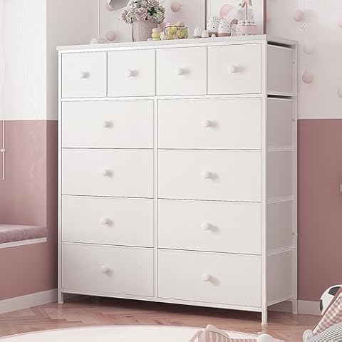 EnHomee White Dresser for Bedroom with 12 Drawers Dressers & Chest of Drawers with Wood Top, Metal Frame,Tall Dressers for Girls Bedroom,Living Room,Hallway,Closet Cover