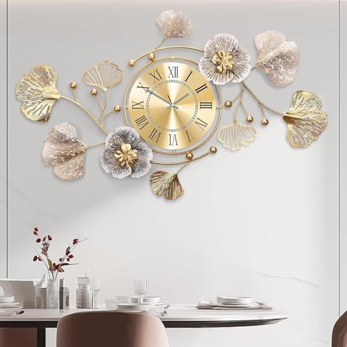 Pendules Murales,Horloge Murale Vintage,Conception de Fleurs et de Feuilles de Ginkgo - Horloge Murale Silencieuse,pour Salon Mur de Canapé,Cuisine,Coucher,Pendules...