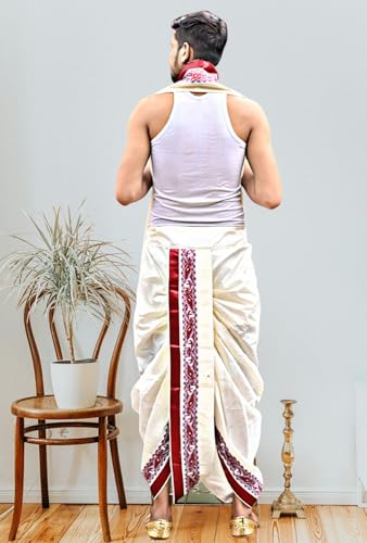 Image of Men's Ethnic | Traditional Ready to wear (Pant System) Readymade Panchakacham Dhoti With Angavastram(Towel) Set, Tassar Silk, Free Size (GC002)