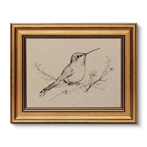 Image of VIYYIEA Vintage Gold Framed Wall Art for Living Room, Hummingbird Canvas Prints Home Decor, Oil Painting Picture, Bedroom Wall Decor Gifts for Friends or Family -【Resting Hummingbird】-(10L x 8W)
