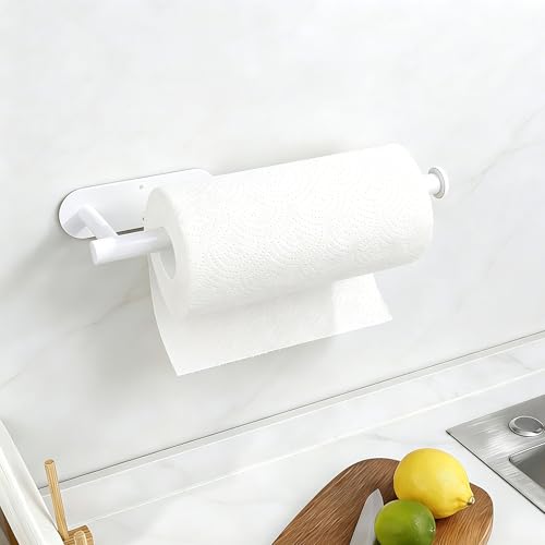 Image of White Paper Towel Holder - Self Adhesive or Drilling, Under Cabinet Paper Towel Holder for Kitchen, Adhesive Paper Towel Roll Rack for Bathroom Towel, SUS304 Stainless Steel