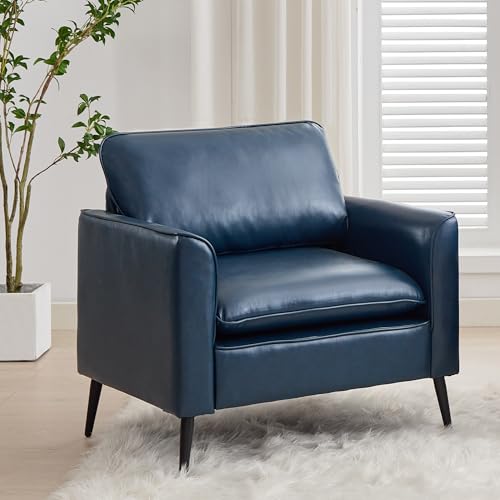 Image of TYBOATLE Faux Leather Accent Chair, Mid-Century Modern Comfy Living Room Chairs, Cozy Office Reading Chair, Reception Armchairs for Bedroom, Office, Waiting Room (Blue)