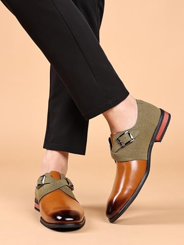 Men's Two-Tone Monk Strap Dress Shoes, Brown Leather and Olive Suede, Classic Buckle Design3