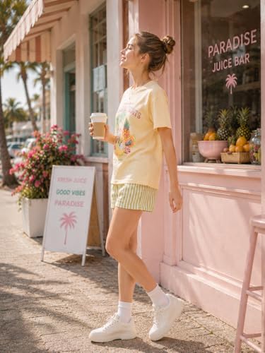 Image of Teen Girls Clothes 2 Piece Graphic T Shirt & Striped Shorts Outfit Set Summer Back to School Clothes Size 7-14