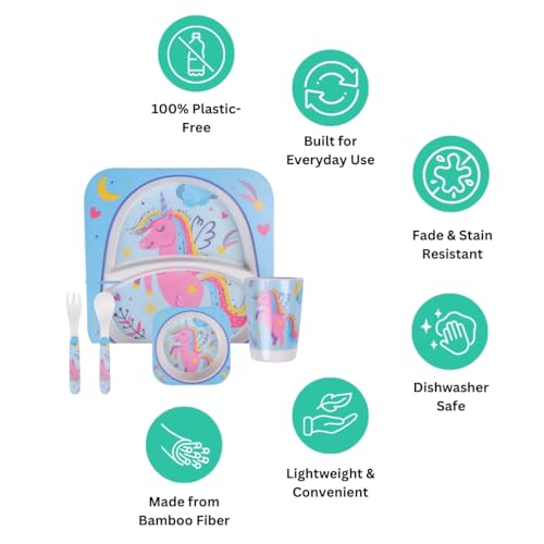 Image of Bamboo Kids Feeding Set of 5 |Made of Bamboo| Affordable Kids Crockery Set Tableware |Baby Utensils and Dishes Set | Eco-Friendly |Organic & Natural (Unicorn in The Sky)