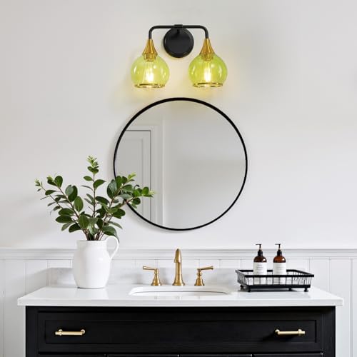 Image of Black and Gold Bathroom Vanity Light 2-Lights Bathroom Light Fixtures Over Mirror with Green Clear Glass Shade 14 inch Wall Sconce Lighting Bath(Exclude E26 Bulb)