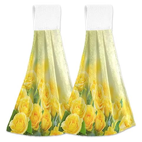 Aslsiy Yellow Roses Sunny Hanging Kitchen Towels Spring Flowers Bathroom Hand Tie Towel Fast Drying Dish Tea Towels for Bath Tabletop Gym Home Decor Set of 2 Cover