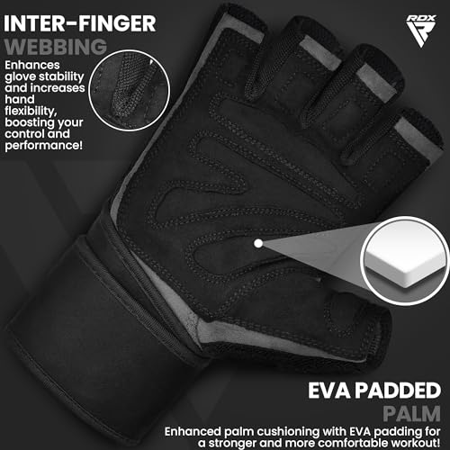 RDX Guantes Gimnasio Cuero Levantamiento de Pesas Entrenamiento, Antideslizante Palma Agarre con Muñequera Larga Fitness Gym Protección Gloves, Powerlifting Musculación Culturismo Workout Training - Imagen 3
