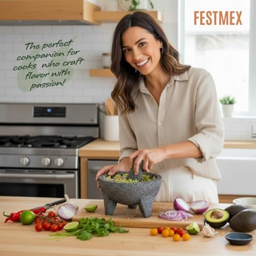 Genuine Handmade Mexican Mortar and Pestle Set- 8 Inches, Molcajete Mexicano — Mexican Cookware Perfect as Salsa Bowls, Guacamole Bowl and Masher, Mortero Para Cocina made from Volcanic Rock in Mexico
