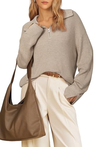 Arach&Cloz Women Sweater 2025 Wool Blend Fall Fashion Clothes Oversized Pullover Winter Clothing Quarter Half Zip Lapel V Neck Long Sleeve Dressy Tops Business Casual Trendy Outfits Apricot M