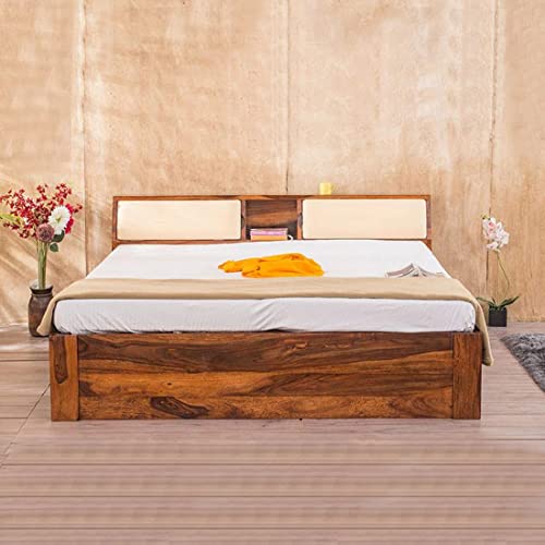 Image of Sheesham Wood Queen Size Bed with Headboard and 4 Drawer Storage | Wooden Double Bed Cot Palang Furniture for Bedroom Living Room Home - Honey Finish (1 Year Warranty)