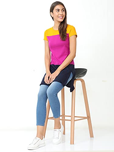 Image of FLEXIMAA Women's Cotton Round Neck Color Block Half Sleeve Long Top