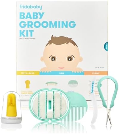 Frida Baby Grooming Kit | Baby Essentials Gift Set Includes Finger Brush with Storage Stand, Hair Brush with Case, Styling Hair Comb, Easy Grip Nail Scissors with Nail File and Case