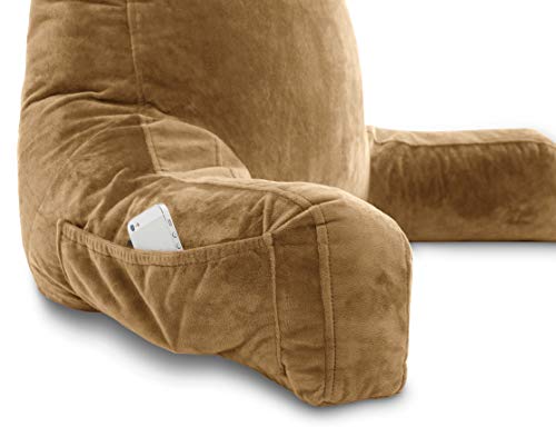 Husband Pillow XXL Tan Backrest with Arms - Adult Reading Pillow Shredded Memory Foam, Ultra-Comfy Removable Microplush Cover & Detachable Neck Roll, Unmatched Support for Bed Rest Sit Up Pillow