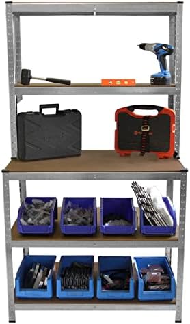 Workbench section with various tools and storage bins