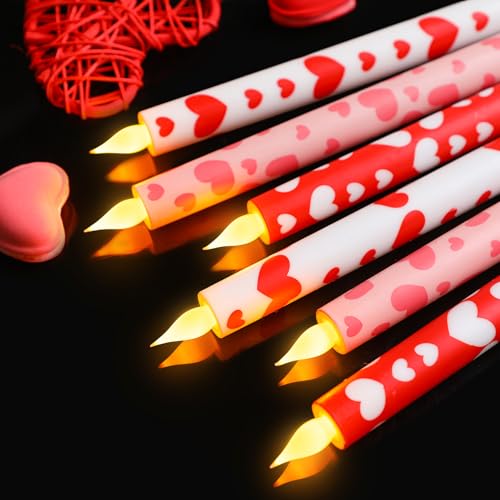 Image of Honoson 6 Pcs Valentine Day Flameless Taper Candles 10.6 Inch Heart Shaped Candles Battery Operated LED Candlesticks for Valentine Wedding Anniversary Dinner Table Home Party Decor