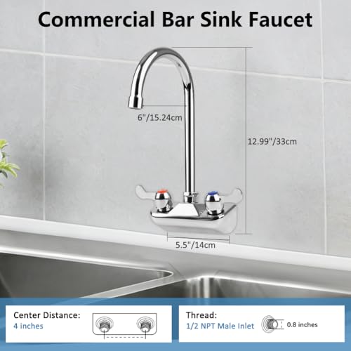 Image of Commercial Hand Sink Faucet with 6 inch Gooseneck Spout, 4 Inch Center Wall Mount Kitchen Sink Faucet for Laundry Kitchen Restaurant Bar Sink, Brass Constructed