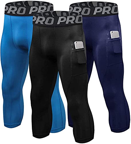 LANBAOSI Pack de 3 mallas de compresión para hombre 3/4 con bolsillos