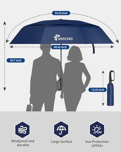 Image of ANYCHO 54 Inch Umbrella for Rain Big Size, Double Layer Vented Sun Umbrella with Carabiner Handle & 8 Double Ribs, Windproof Waterproof Auto Open Umbrella for Men Women