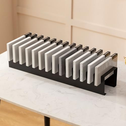 XAWSOP Desktop Floor Tile Sample Organizer with 14 Card Slots, Portable Display Rack for Building Material Samples, All-in-one Stone/Glass Block Shelf,Black