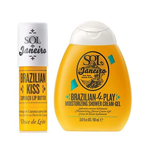 Sol de Janeiro Brazilian Kiss Cupuacu Lip Butter 0.21 oz, SOL DE JANEIRO Brazilian 4 Play Moisturizing Shower Cream-Gel 3oz And A Gute Cosmetic Carrying Bag (3 Piece Bundle)