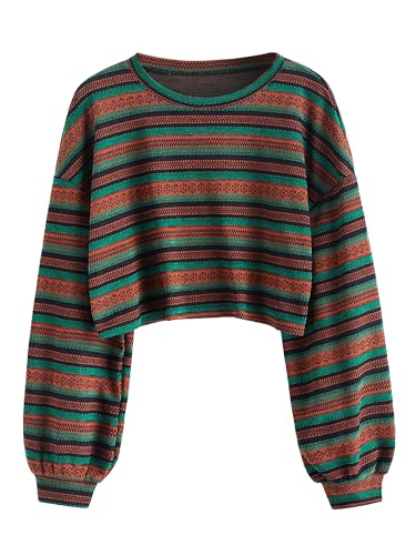 ZAFUL Women's Tribal Ethnic Graphic Cropped Knitwear Bohemian Long Sleeve Pullover Sweater Boho Drop Shoulder Knitted Top Multicolored