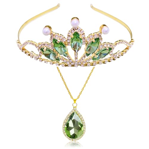 Conjunto de tiara de fantasia de princesa Tiana, coroa verde e colar, acessórios de roupa de Halloween para presentes de aniversário Conjunto de tiara de fantasia de princesa Tiana, coroa verde e colar, acessórios de roupa de Halloween para presentes de aniversário