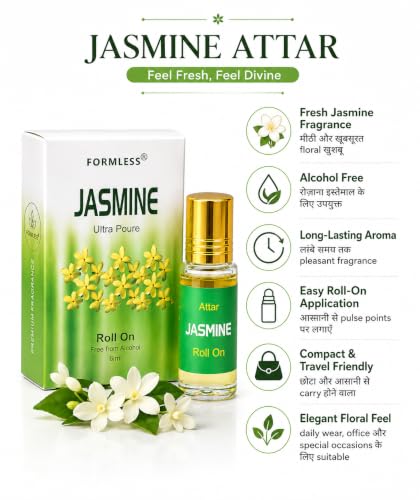 Image of Formless Jasmine 3ml Attar Unisex - Premium Floral Fragrance Oil, Long Lasting Alcohol-Free Perfume, Fresh Sweet Jasmine Scent, Pocket Size Roll-On, Travel Friendly Daily Wear & Special Occasions