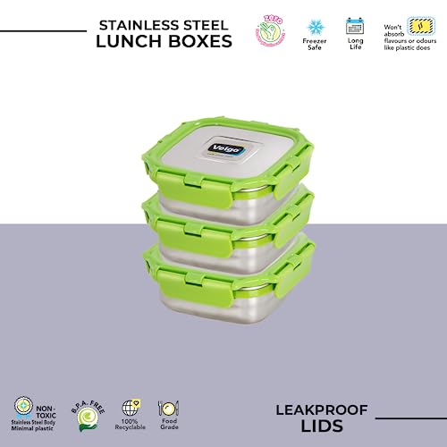 Image of Veigo Set of 3 Medium Stainless Steel Square Lunch Boxes (330ML) | Airtight & Leakproof | Silicon Ring & Polymer Frame with Secure Lid Lock| Green
