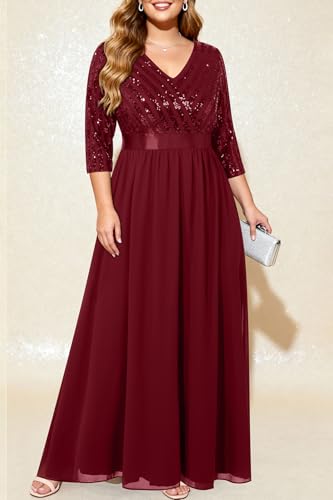Image of Talisea Womens Plus Size Formal Dresses - V Neck 3 /4 Sleeve Sequin Prom Evening Gowns Long Maxi Dress