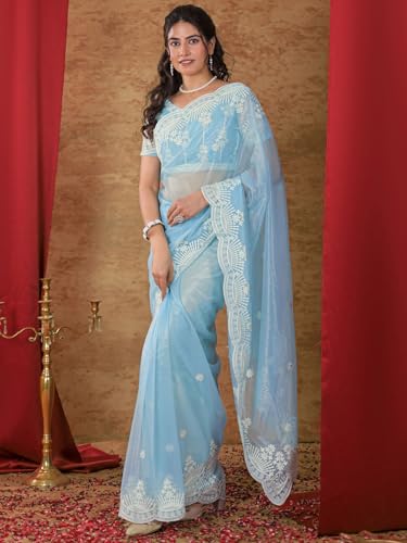 Image of Satrani Women's Net Embroidery Saree with Unstitched Blouse Piece