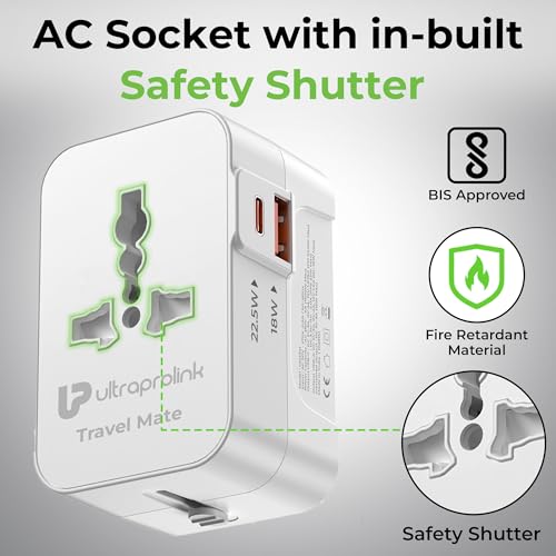 Image of UltraProlink International All in One Universal Travel Adapter|20W Charger|USB-A + Type C Port|PD3.0 Support|1500W|for Mobile,Tablets,Cameras|UM1341|Travel Mate|White